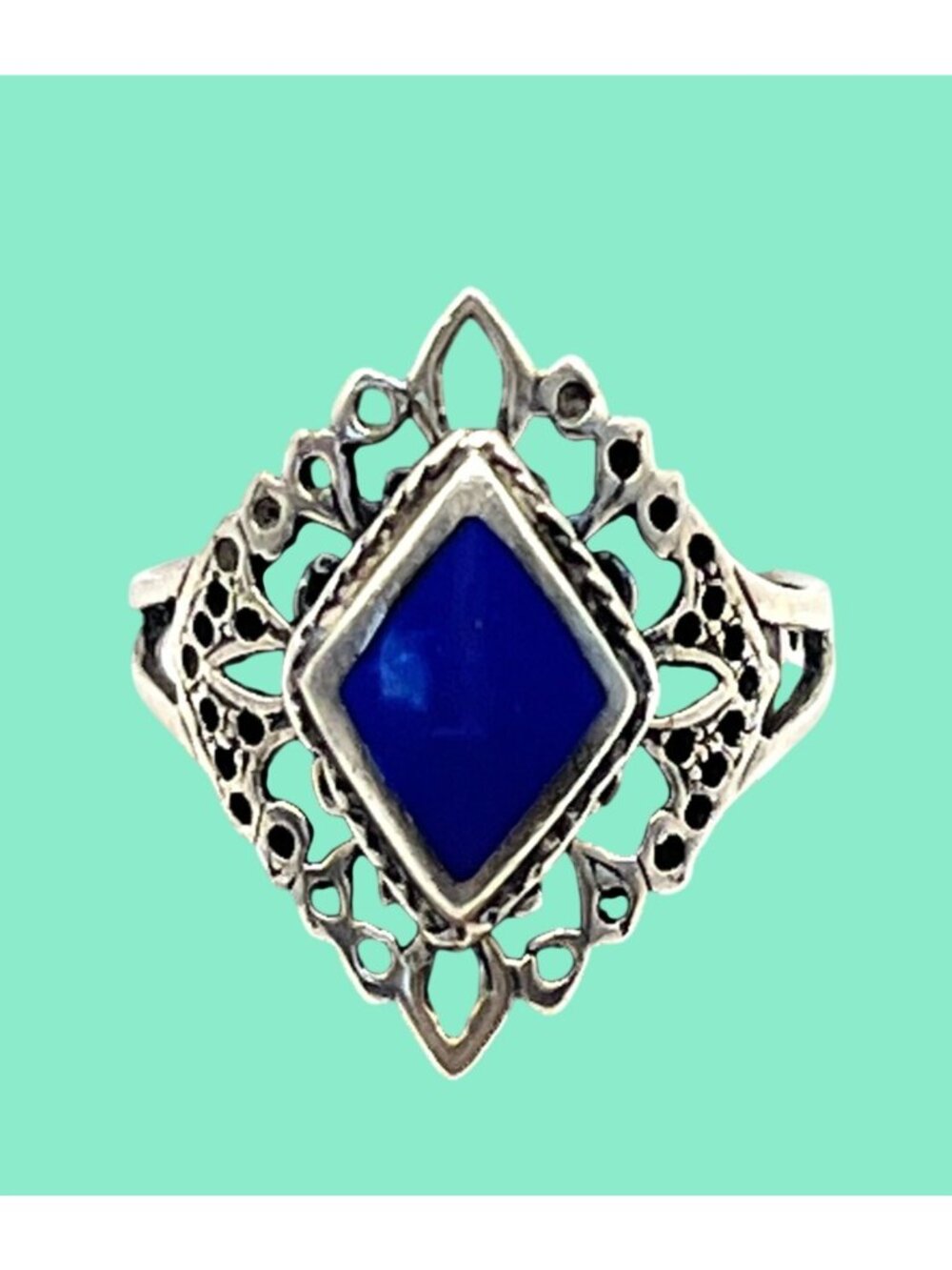 Vintage 925 Sterling Silver Filigree Ring With Blue Stone Size 5.5 Elegant State